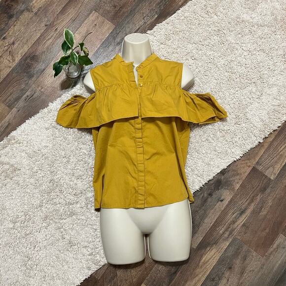 Lucky Brand Size Small Mustard Yellow Ruffle Button Down Cold Shoulder Blouse - Picture 1 of 5